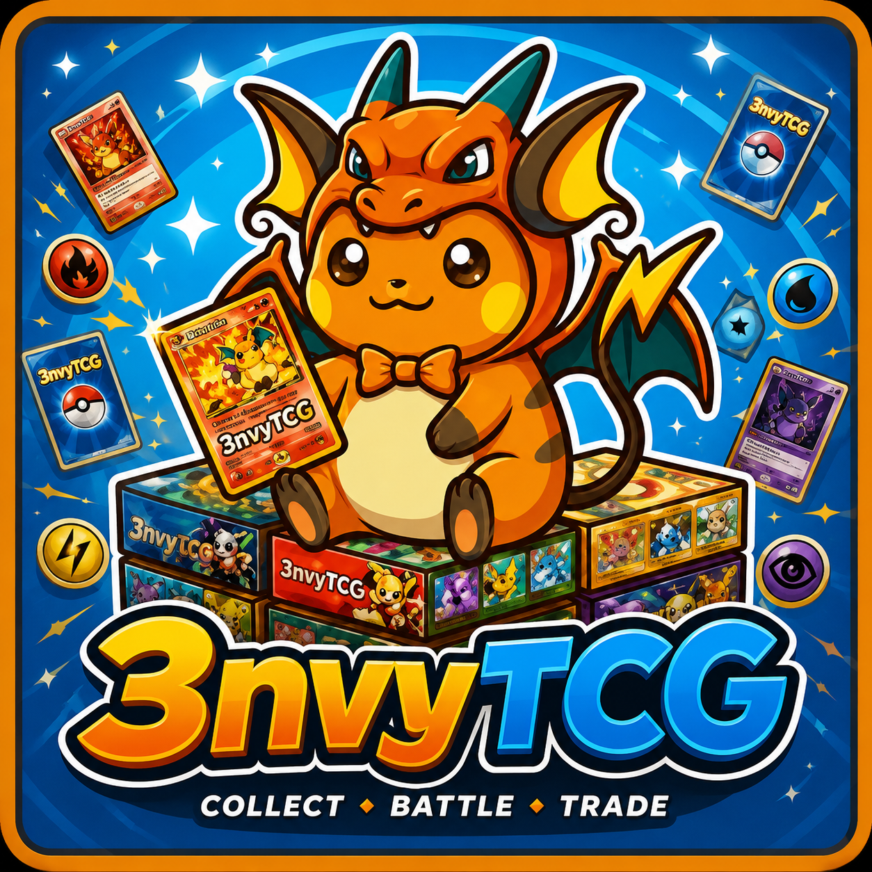 envyTCG mascot holding a Pokémon card on a stack of sealed booster boxes